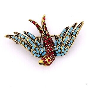 Vintage Pauline Rader Swallow Bird Brooch Pin Turquoise and Ruby Glass Orbs Pave